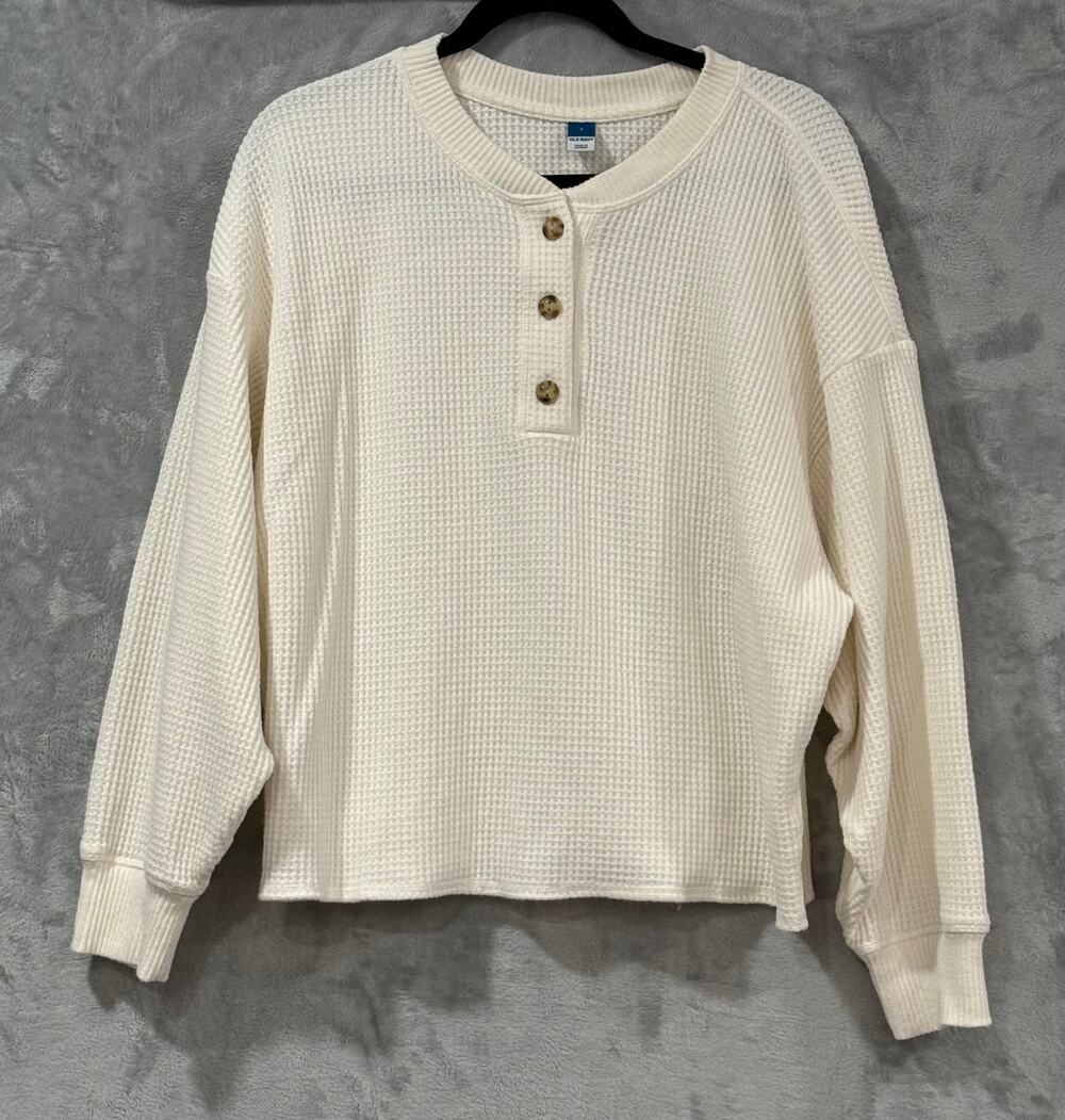 Old Navy Waffle Knit Henley Top Cream Long Sleeve Thermal Pullover Women’s Large
